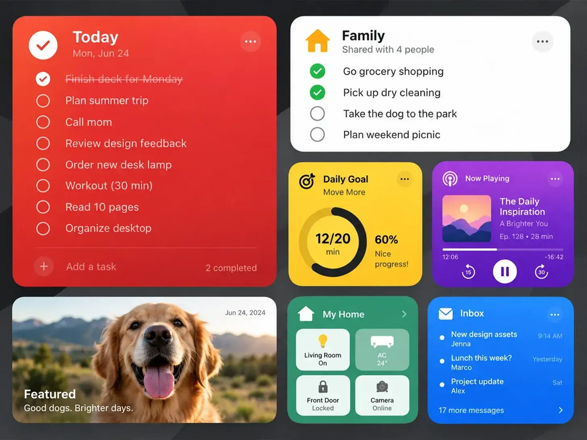 A Digital Calendar dashboard interface showing a daily to-do list, shared family tasks, daily goals, home status, and inbox notifications.