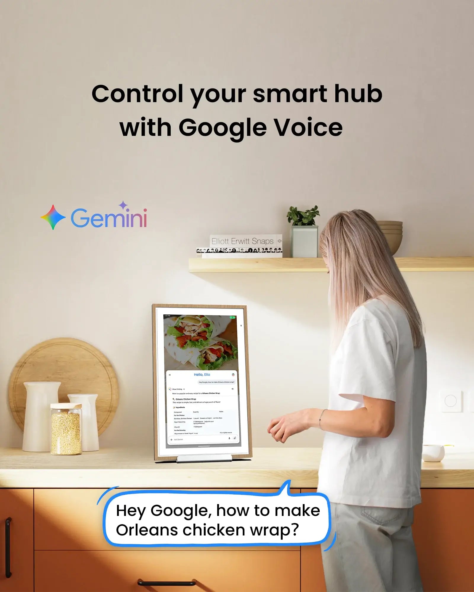 Apolosign 15.6" digital calendar clock, woman using Google Assistant voice control to manage smart home.